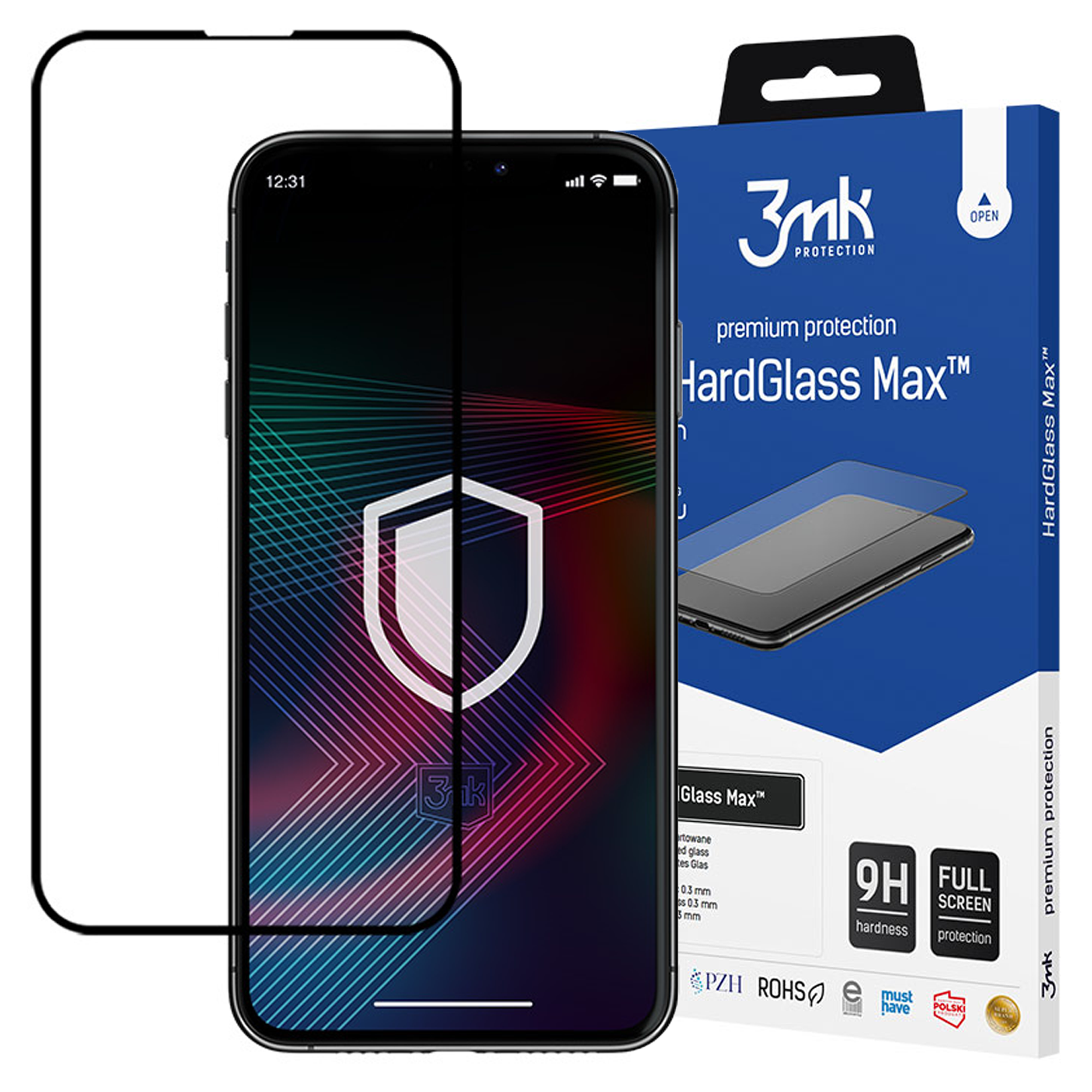 Un telefono con protezione schermo, la scatola mostra le caratteristiche della protezione, inclusa la durezza e la protezione completa.