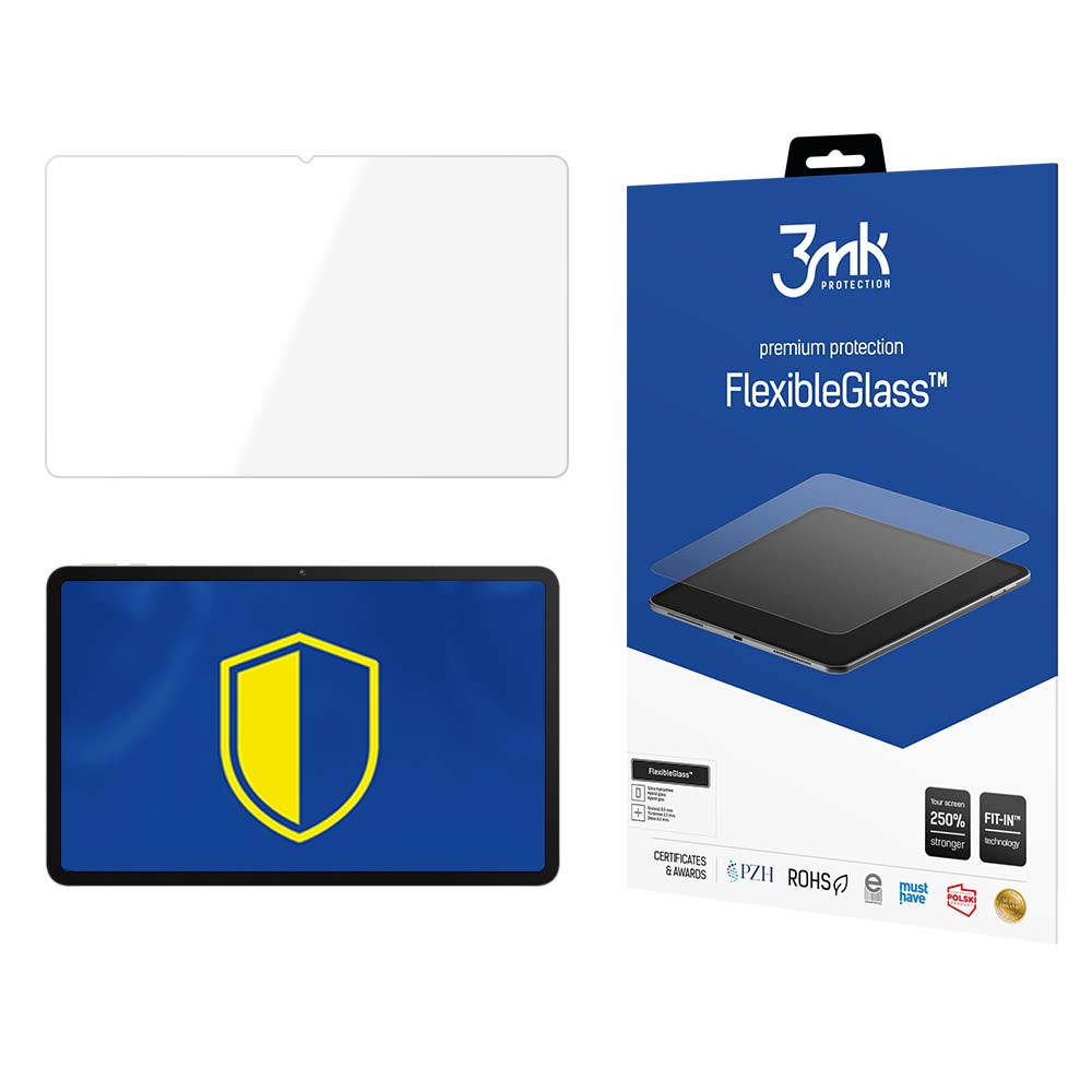 Un proteggi schermo per tablet con uno scudo blu e giallo sullo schermo, vetro protettivo e confezione del prodotto.