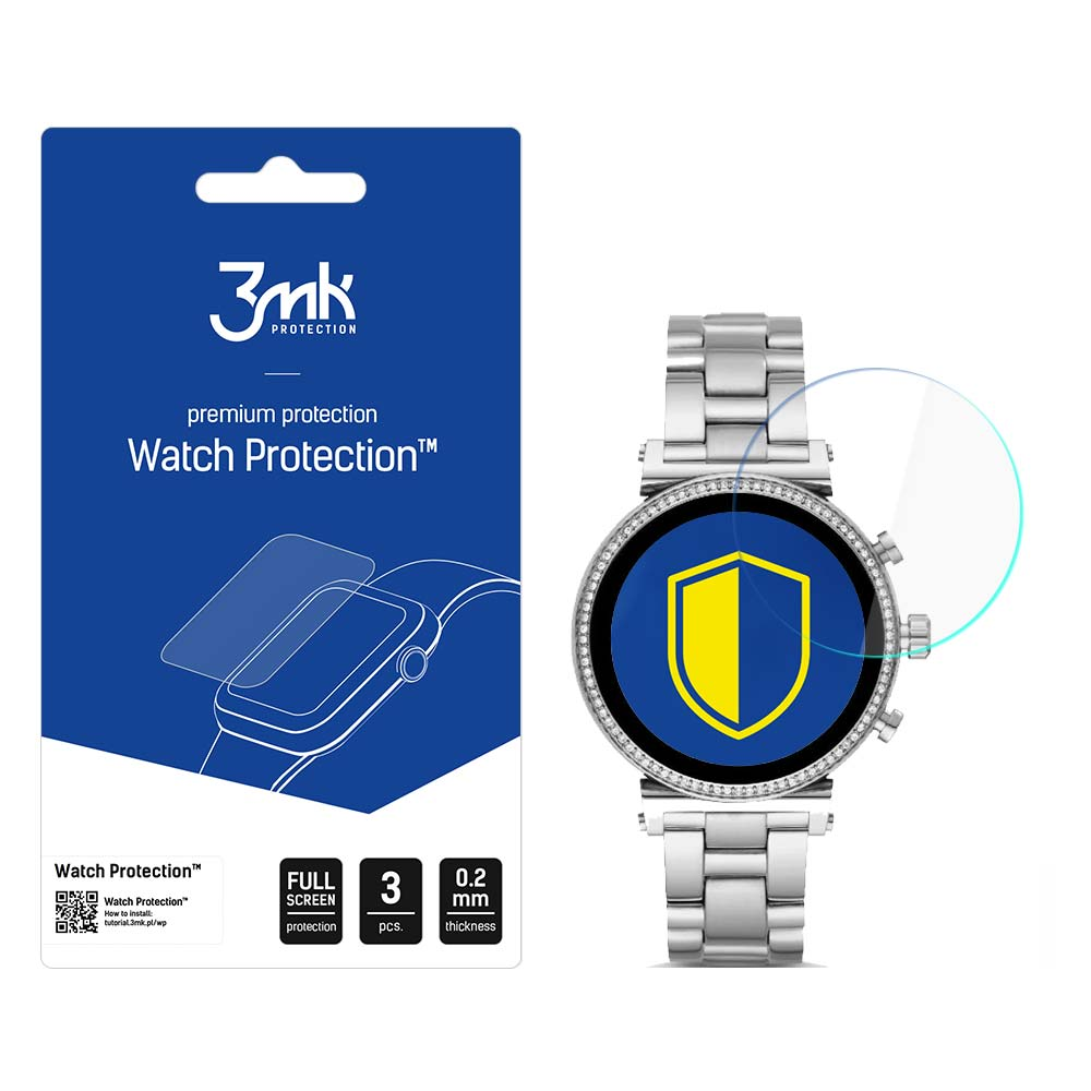Uno smartwatch con protezione schermo su sfondo blu. La confezione protettiva è a sinistra, l'orologio a destra.