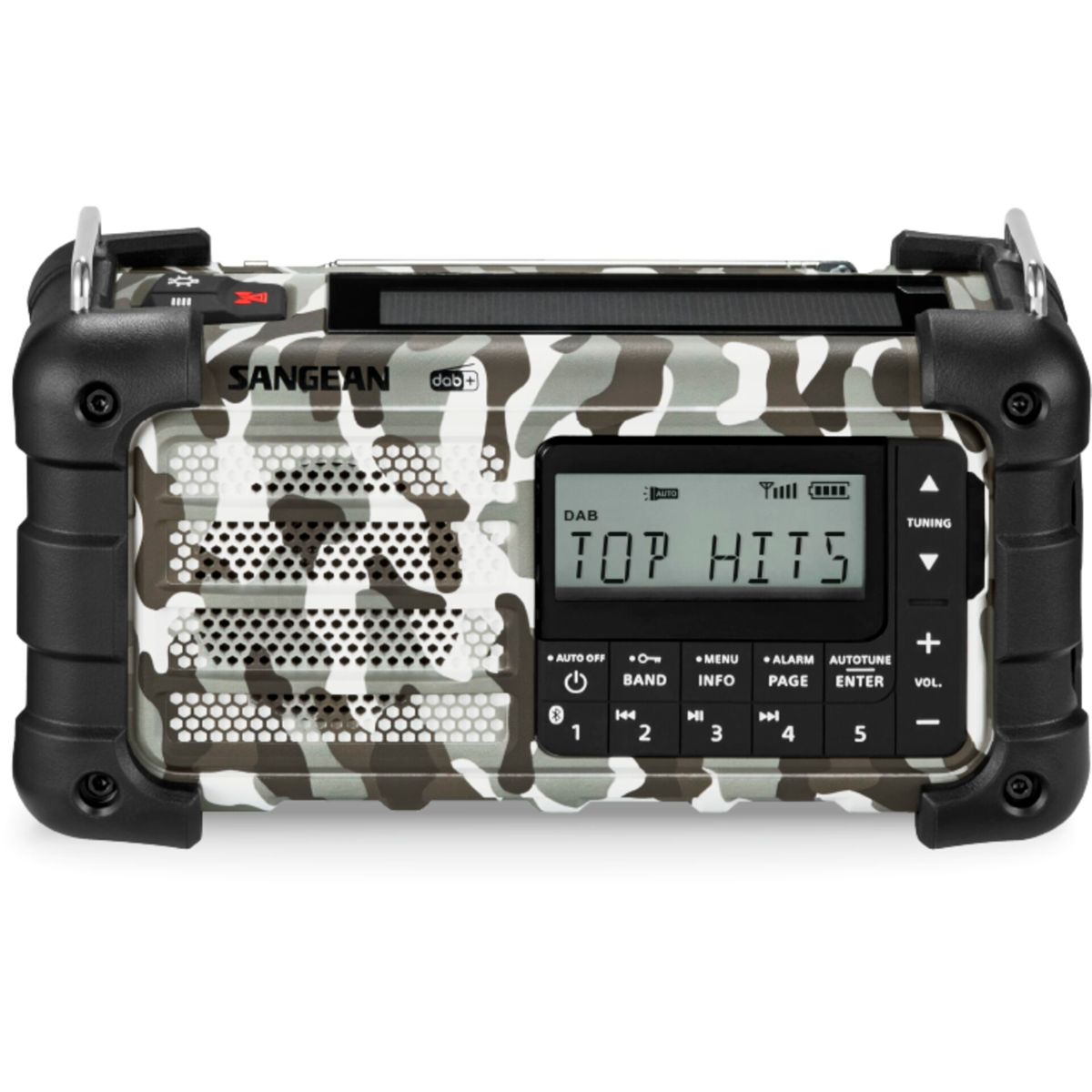 Radio Sangean à motif camouflage. Écran numérique affichant 'TOP HITS'. Détails noirs sur le cadre, boutons de réglage et de fonction.