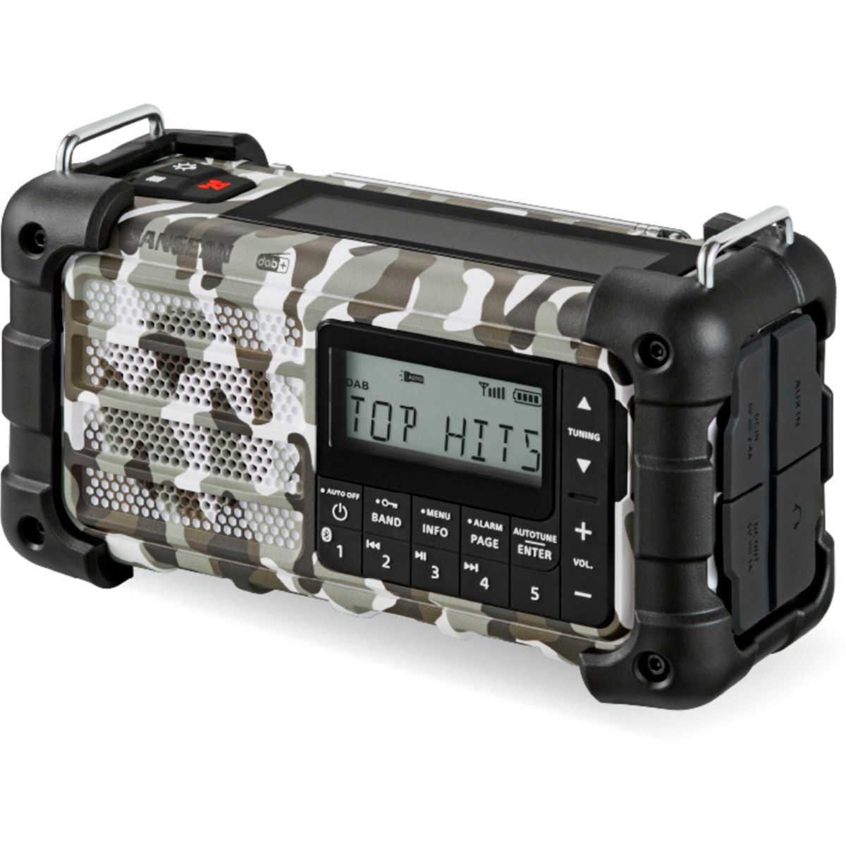 Une radio camouflage avec un affichage numérique indiquant 'TOP HITS'. Des accents noirs, des boutons et des ports sont visibles.