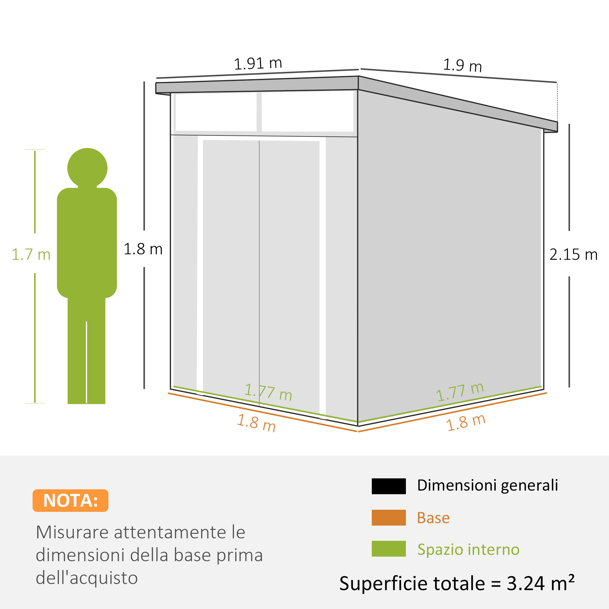 Un diagramma mostra un capannone con dimensioni. Una figura umana indica la scala. Testo italiano consiglia di misurare la base.