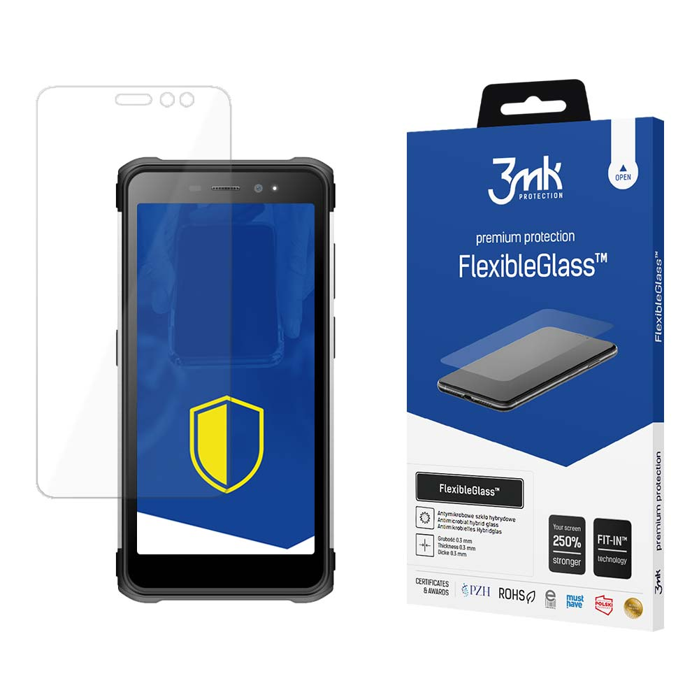 Un telefono con uno scudo giallo sullo schermo, una scatola FlexibleGlass e una protezione per lo schermo. La scatola dice FlexibleGlass.