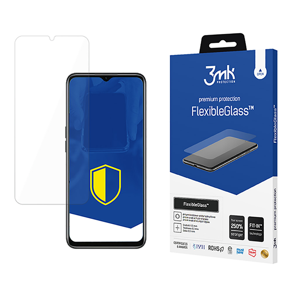 Un téléphone avec un protecteur d'écran, une boîte de FlexibleGlass et un protecteur d'écran transparent sur une surface blanche.
