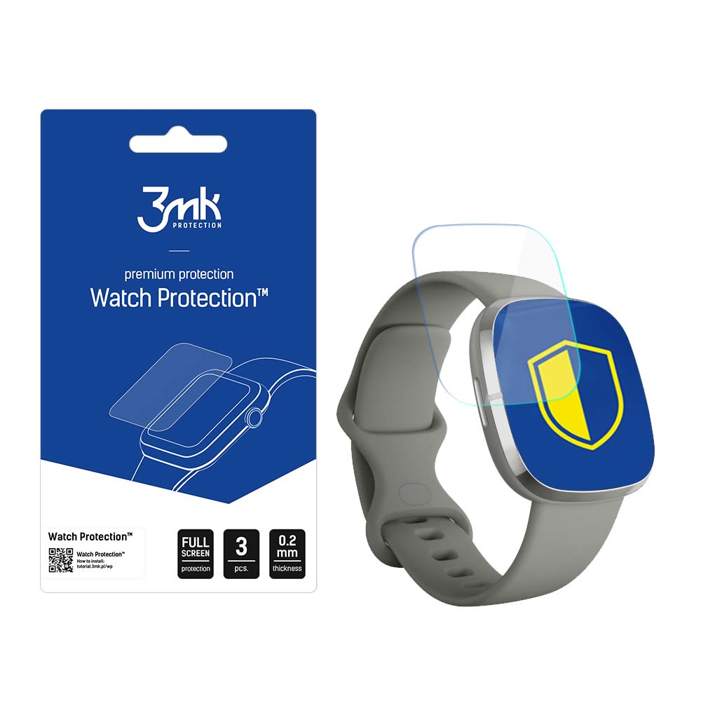 Set protezione orologio: confezione, orologio e protezione schermo. Confezione blu. Orologio grigio. Protezione trasparente.