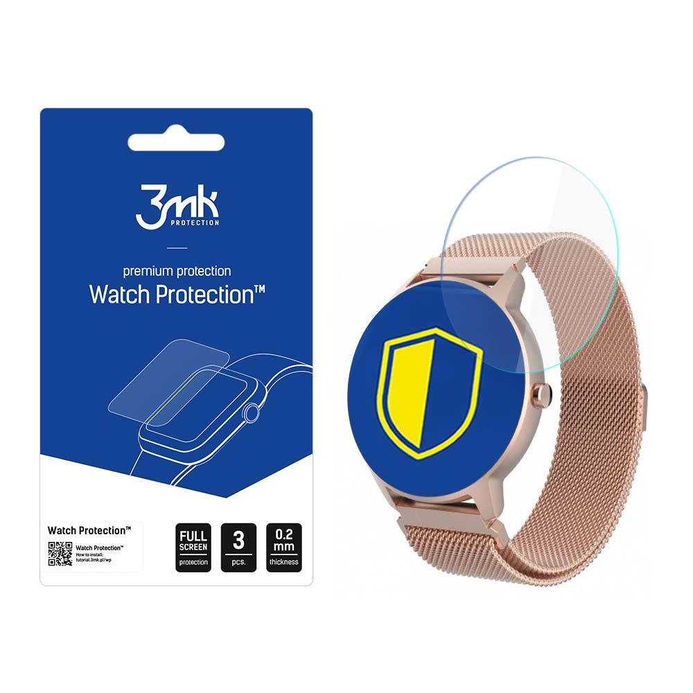 Uno smartwatch con protezione schermo, confezione di protezione dell'orologio e logo scudo blu e giallo.