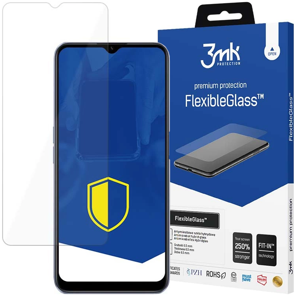 Uno smartphone con protezione schermo, una scatola con marchio FlexibleGlass e una protezione schermo trasparente sono esposti.