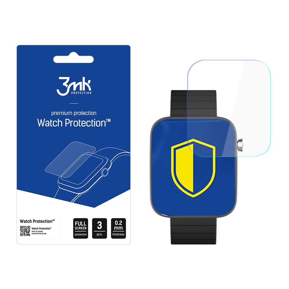 Un prodotto per la protezione dello schermo dell'orologio. Confezione blu con testo, un orologio e una protezione. Un orologio con un'icona a scudo è visibile.