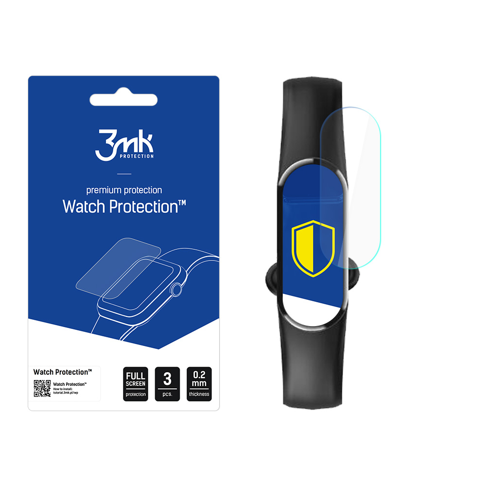 L'immagine mostra una protezione schermo per orologio e una smart band. Confezione blu con testo. La protezione è accanto al cinturino.