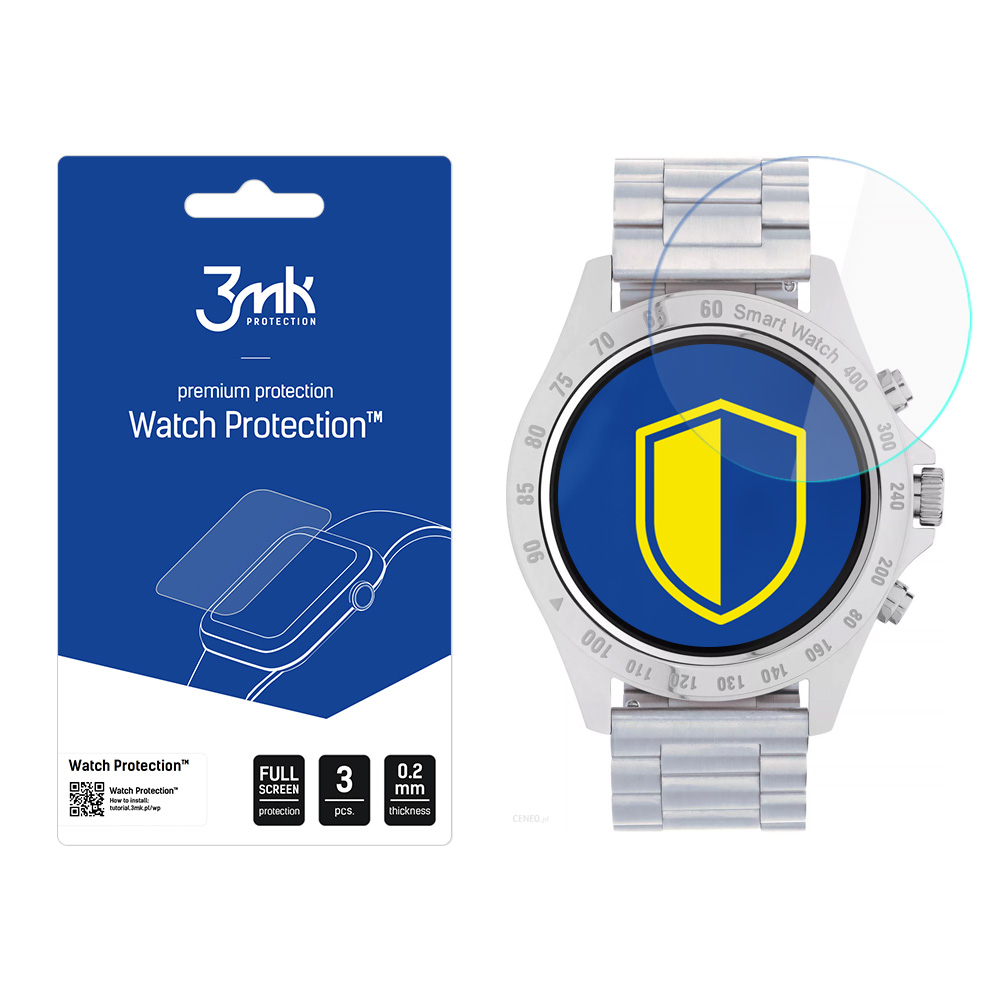 Uno smartwatch con protezione schermo e confezione. Sulla confezione c'è scritto 'Watch Protection' con logo e specifiche.