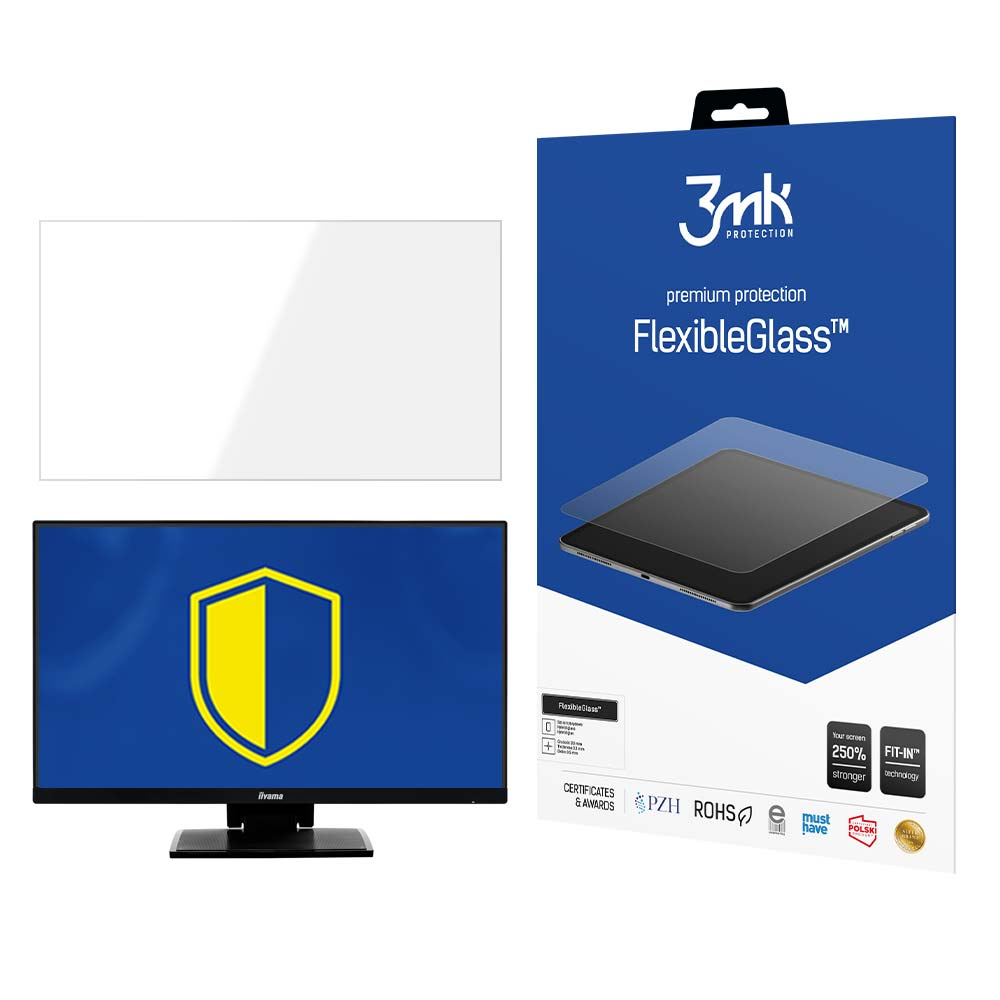 L'immagine mostra un monitor di computer, una protezione per lo schermo e la confezione di FlexibleGlass. Il monitor ha un logo a scudo giallo.