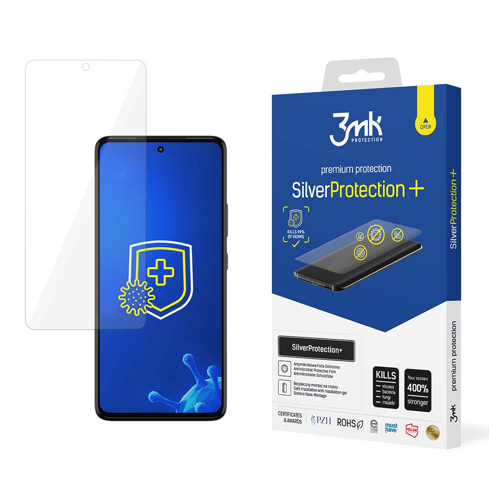 Telefon i pudełko z ochraniaczem ekranu na białym tle. Na pudełku napis 'SilverProtection+'.