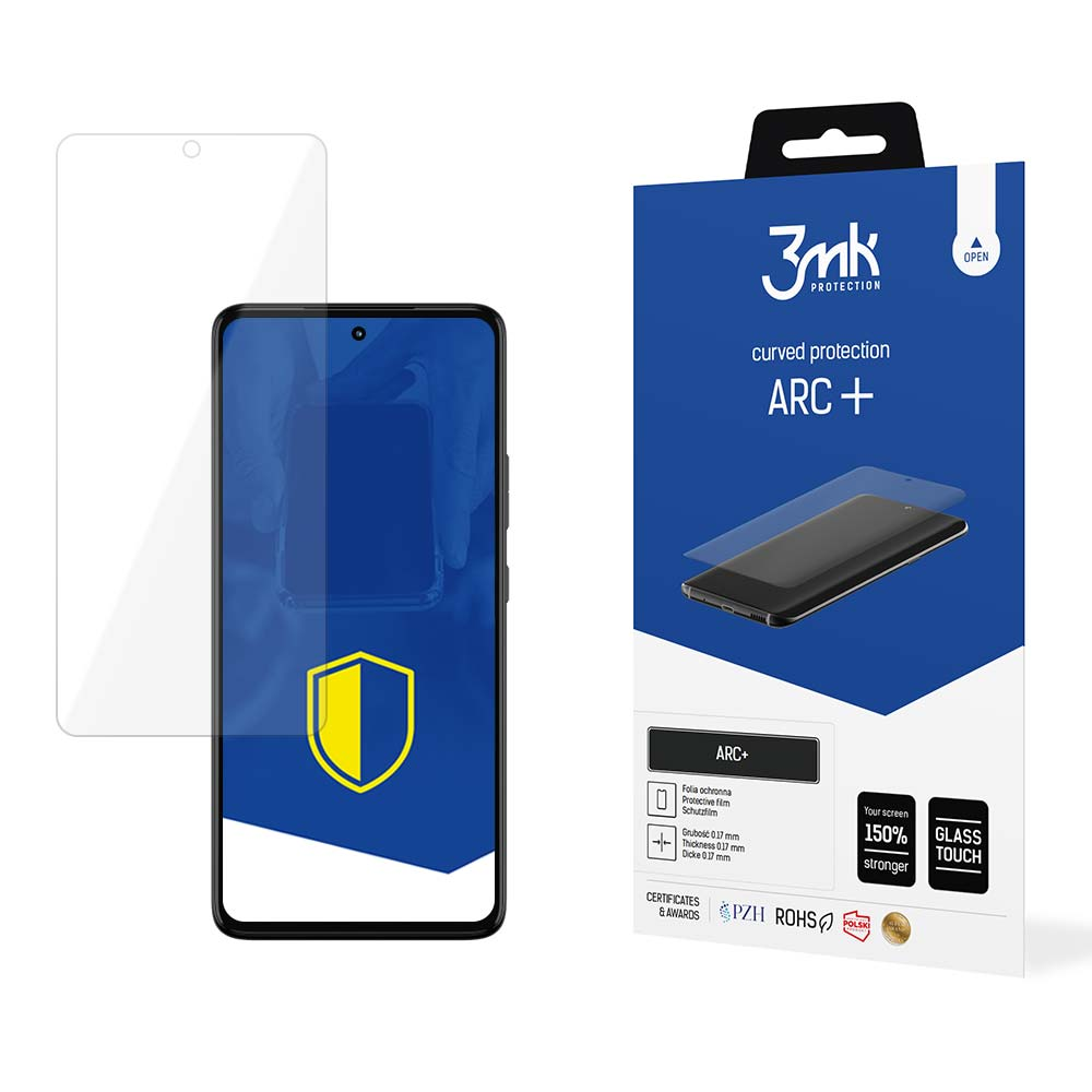 Un telefono e una protezione per lo schermo sono visualizzati. Una scatola blu mostra il nome del prodotto. Il telefono è in una custodia con protezione per lo schermo.