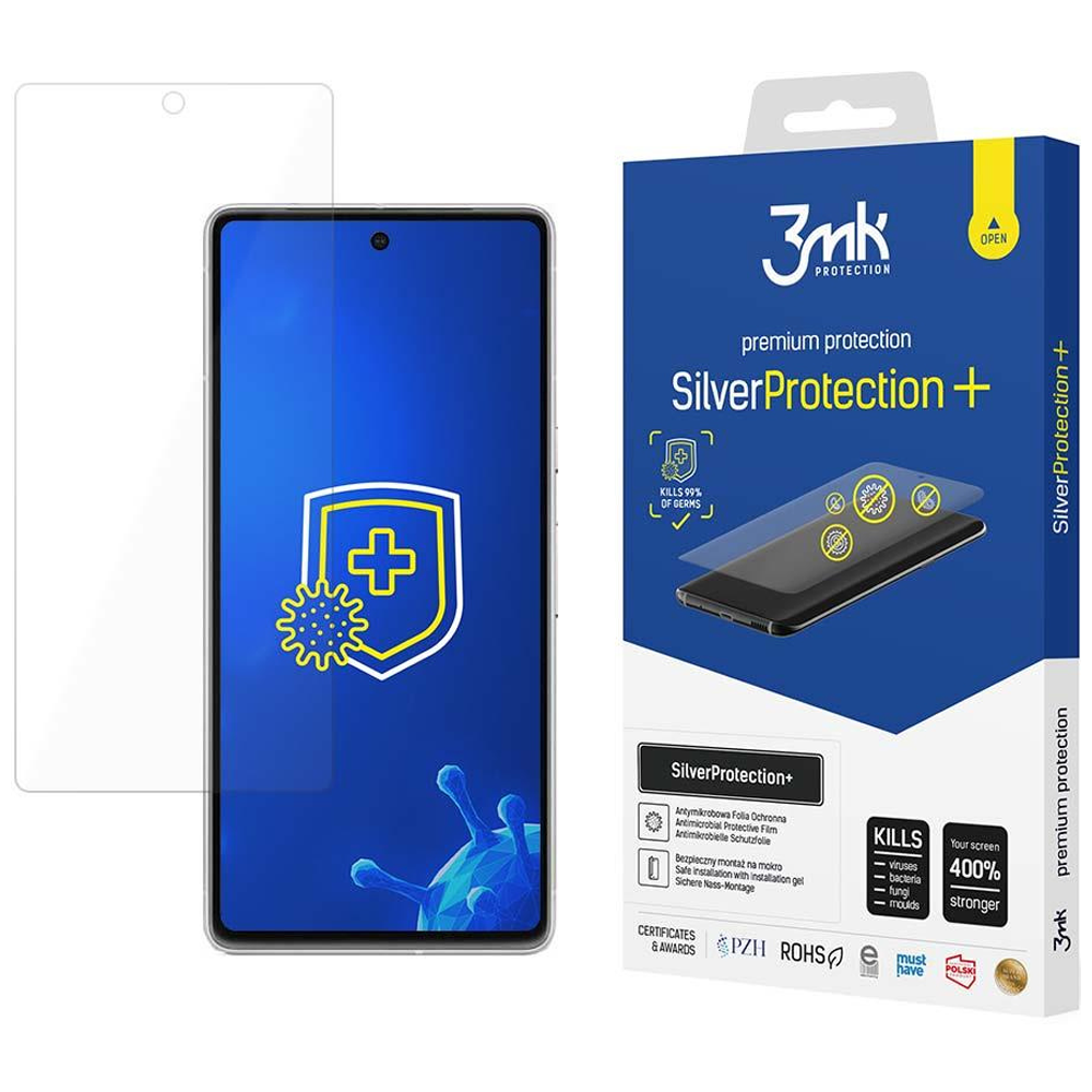 Un proteggi schermo per telefono e una scatola. La scatola pubblicizza SilverProtection+, un proteggi schermo che uccide il 99% dei germi.
