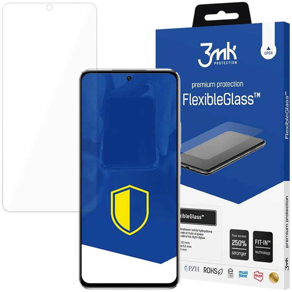 Un proteggi schermo e una scatola. La scatola dice FlexibleGlass. Il proteggi schermo è trasparente e il telefono è mostrato su sfondo blu.