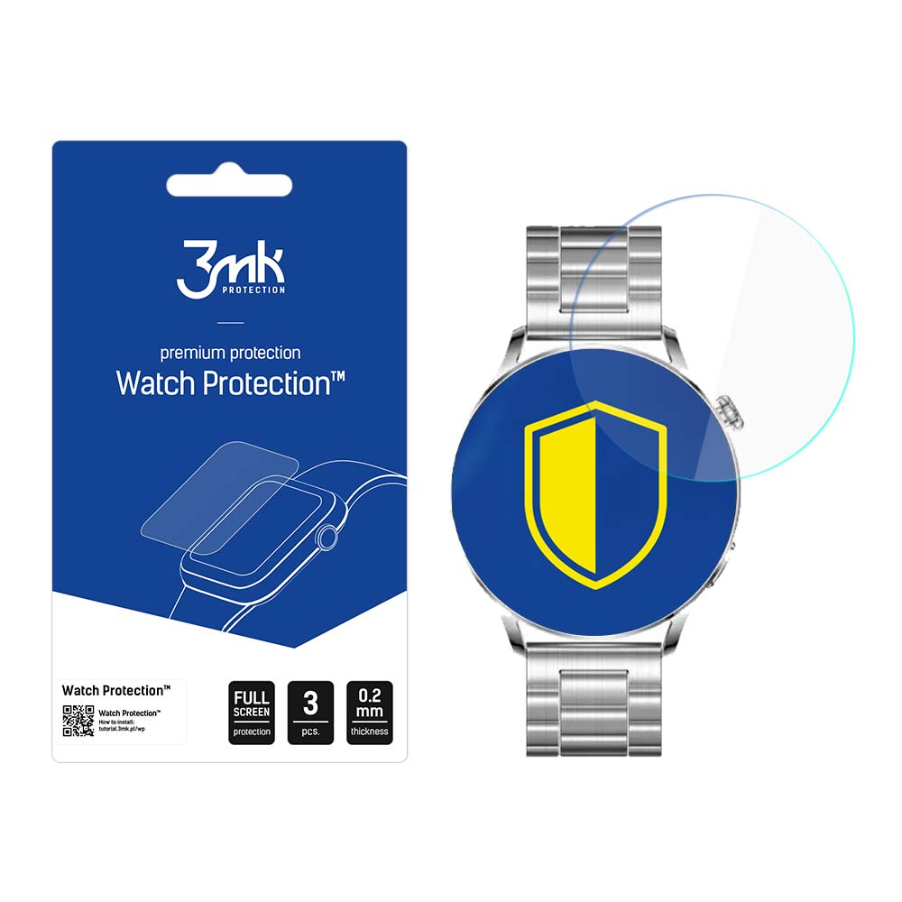 Una confezione di protezione schermo per orologio e un orologio con pellicola protettiva applicata. La confezione è blu e l'orologio ha un cinturino in metallo.