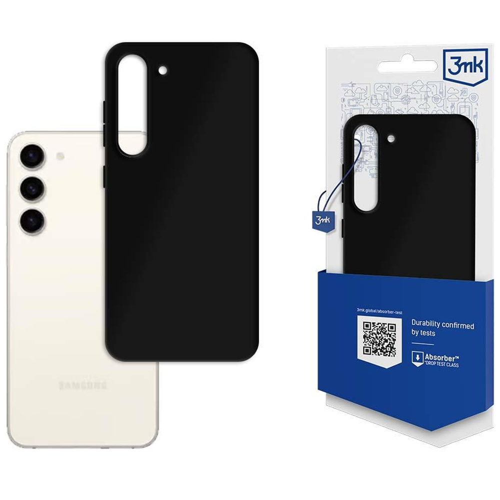 Etui na telefon i telefon, z opakowaniem po prawej stronie. Etui jest czarne, telefon biały, a opakowanie niebieskie.