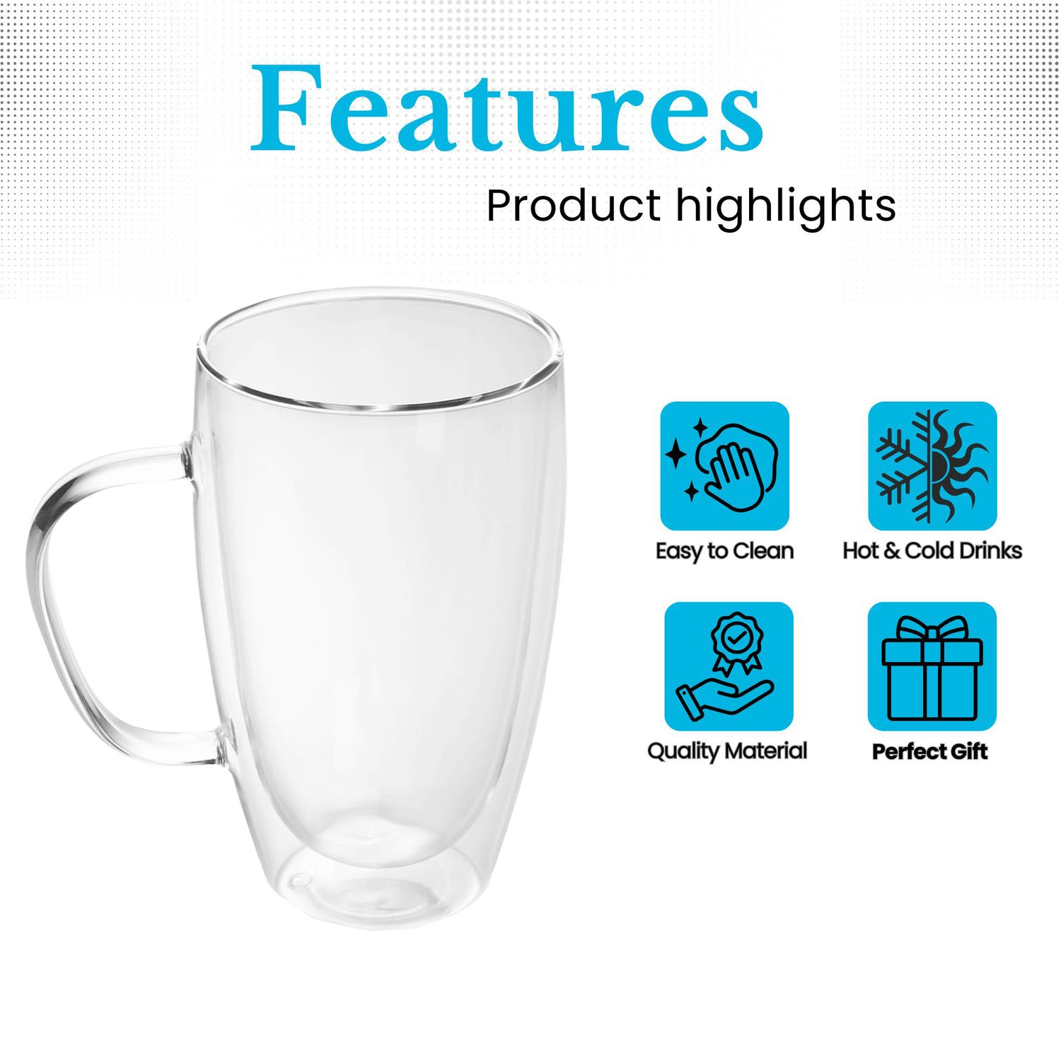 Ein klares Glas mit Henkel, beschriftet mit 'Features' und 'Produkt-Highlights'. Symbole zeigen einfache Reinigung, heiße/kalte Getränke, Materialqualität, perfektes Geschenk.