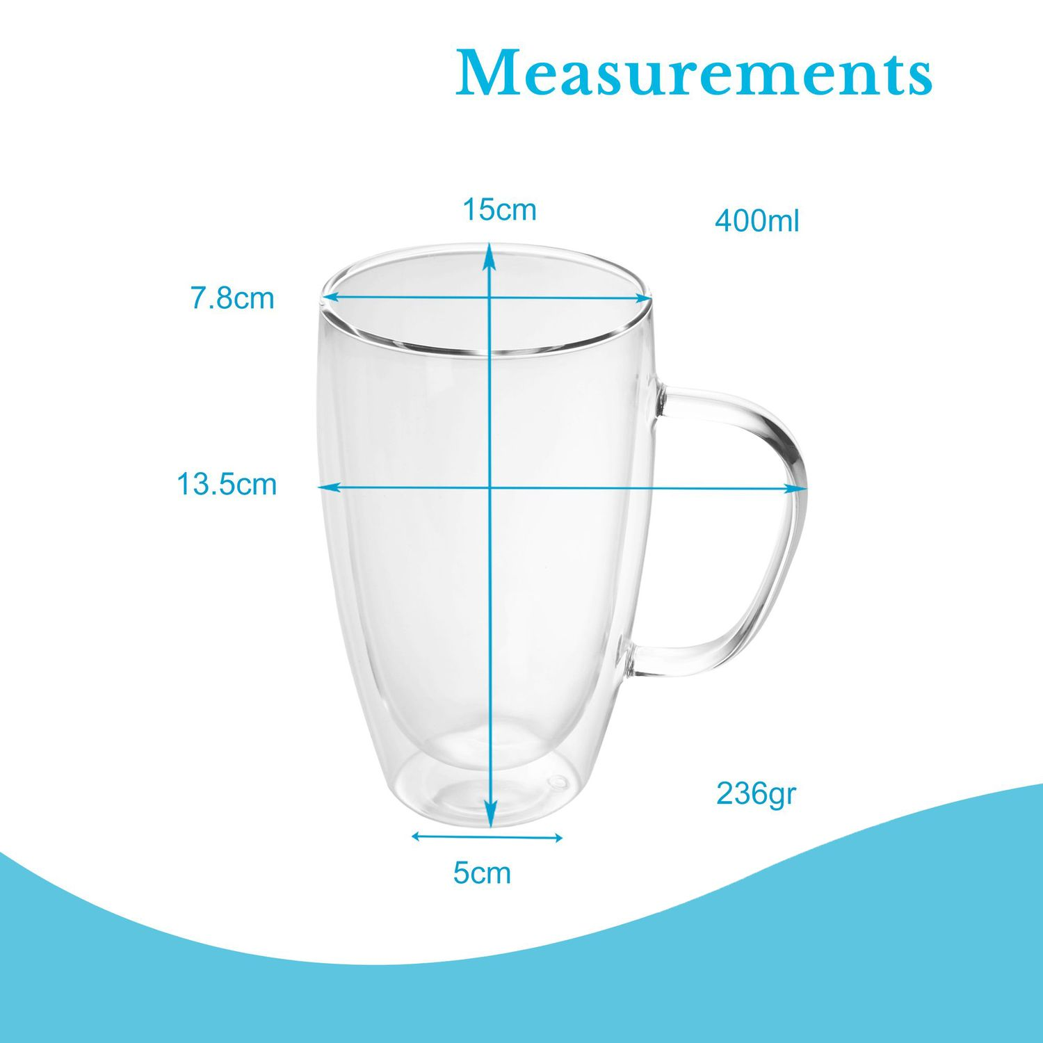 Ein klares Glas mit Maßen: 15 cm breit, 13,5 cm hoch, 7,8 cm oberer Durchmesser, 5 cm unterer Durchmesser, 400 ml Fassungsvermögen und 236 g Gewicht.