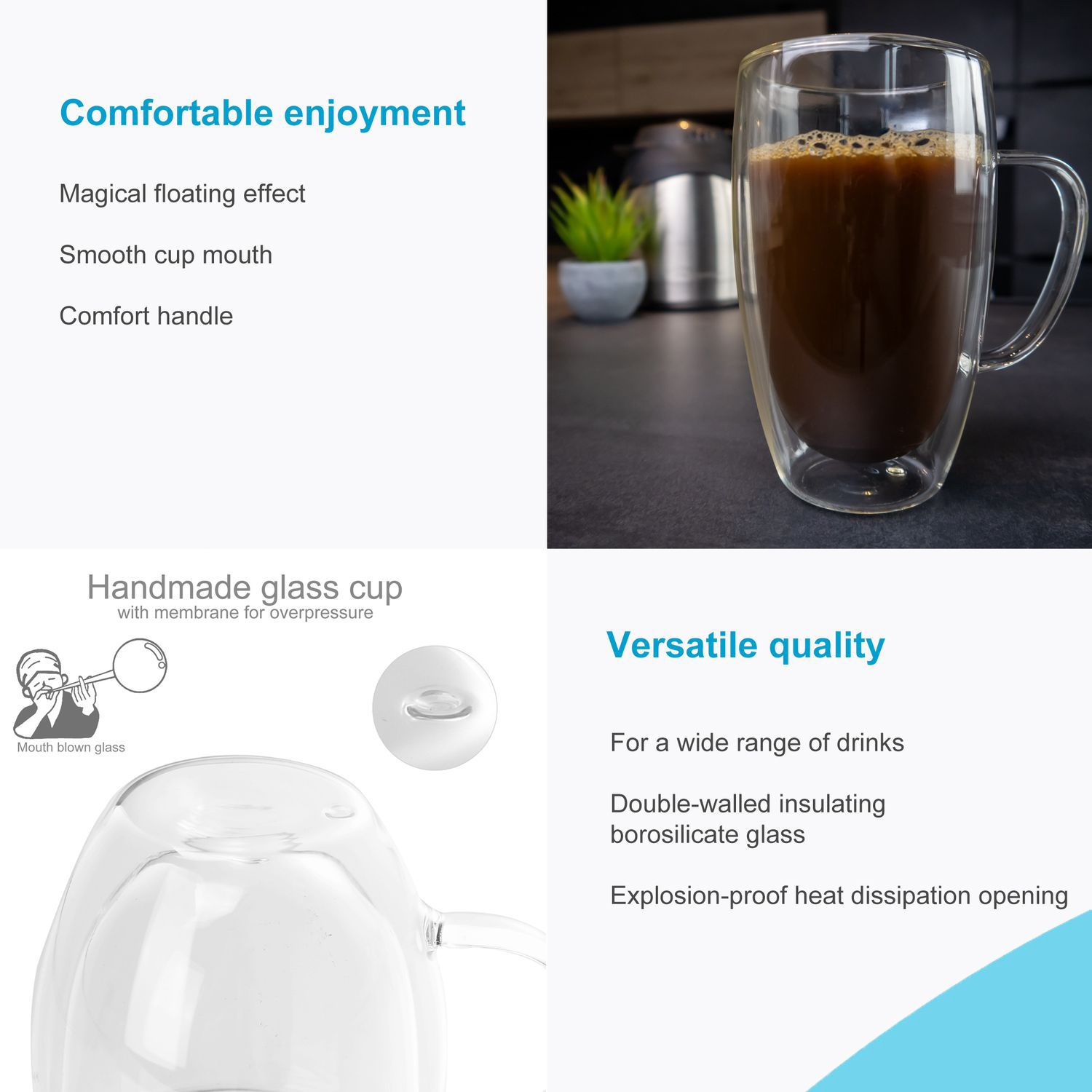 Eine doppelwandige Glasmugge mit Kaffee steht auf einer dunklen Oberfläche. Text erwähnt komfortablen Genuss und vielseitige Qualität.
