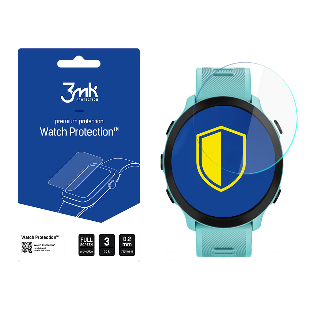 Un orologio con protezione schermo accanto alla confezione. La protezione ha un design a scudo giallo e blu.