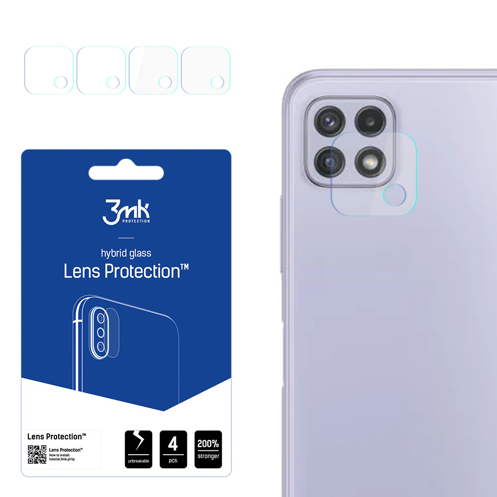 Un kit di protezione per lenti del telefono con retro telefono, quattro protezioni per lenti e confezione del prodotto.