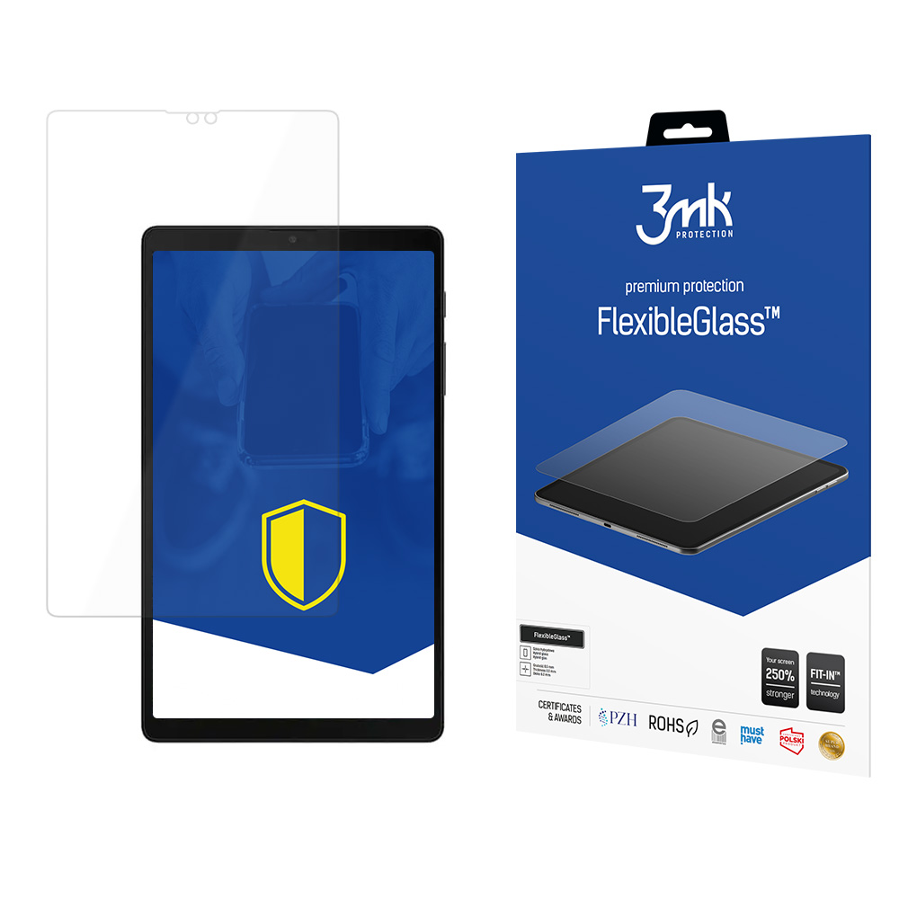 Tablet z ochraniaczem ekranu, pudełko z tekstem FlexibleGlass i logo tarczy.