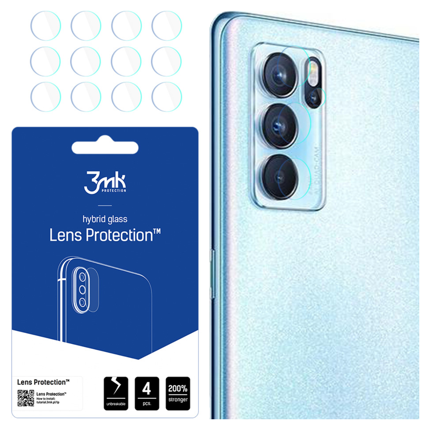 Vengono mostrati un telefono e protezioni per lenti. Il telefono ha una configurazione a quattro fotocamere. Le protezioni sono in una confezione blu.