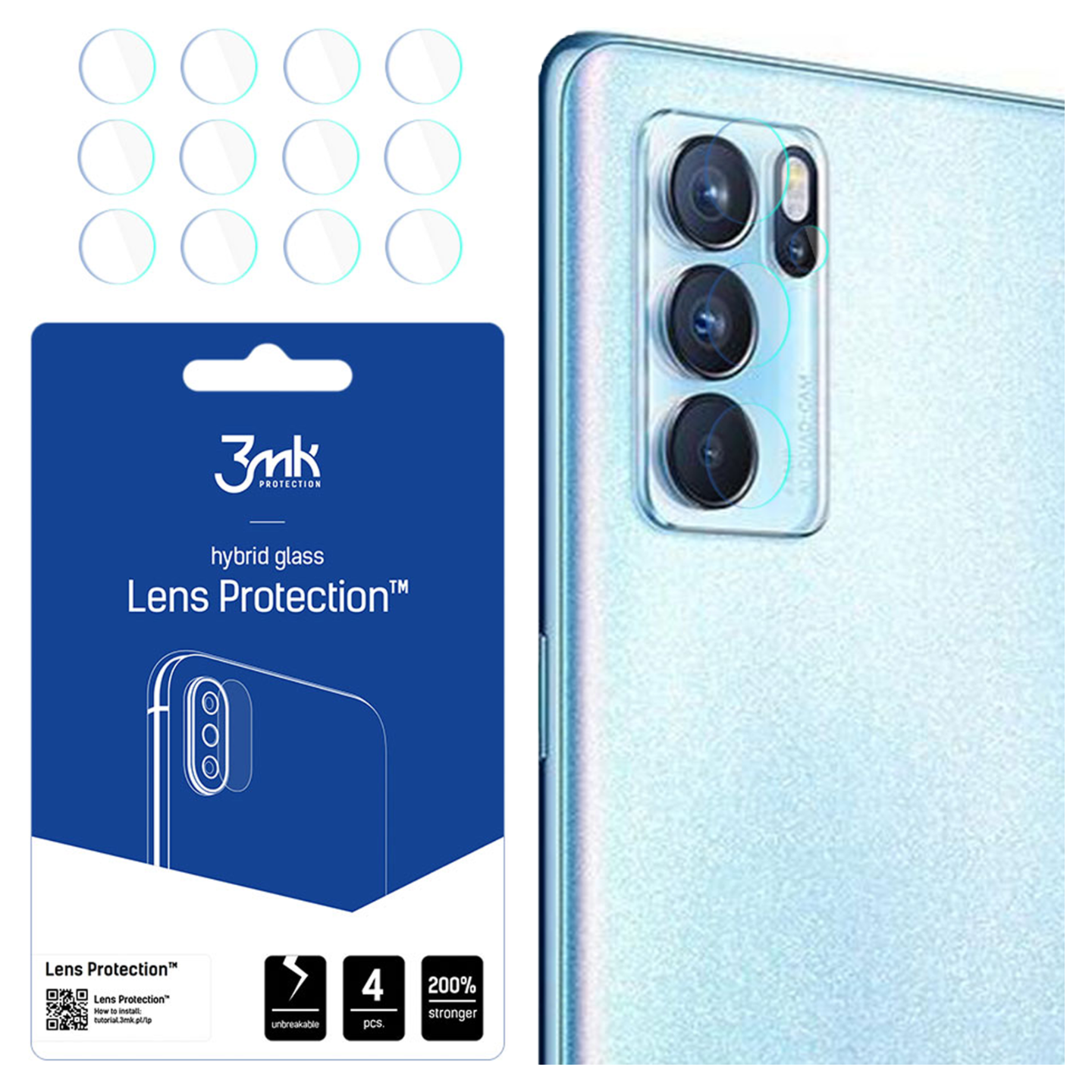 Un telefono e protezioni per lenti. La confezione mostra il prodotto. Il telefono ha un rigonfiamento della fotocamera.