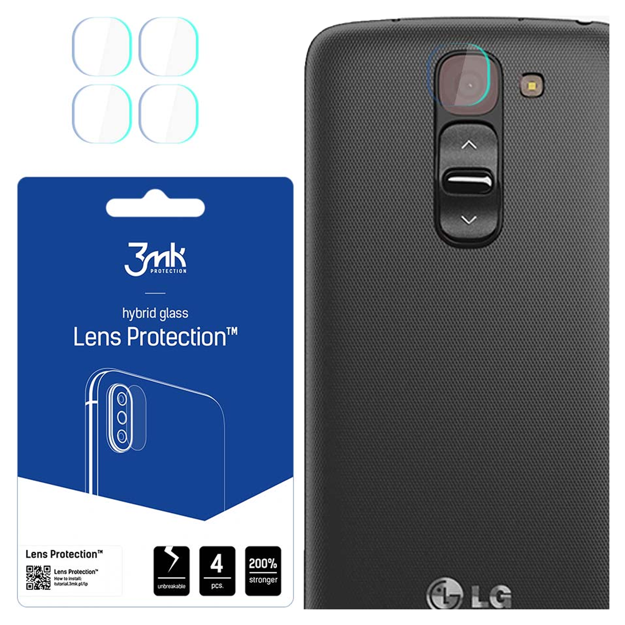 Un kit di protezione per lenti del telefono con quattro protezioni. Include un retro del telefono e una confezione blu con informazioni sul prodotto.