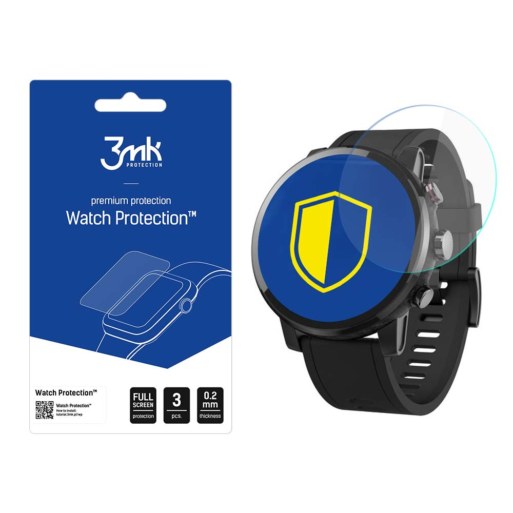 Un orologio e una confezione di protezione dello schermo. L'orologio ha un'icona a scudo blu. La confezione mostra l'immagine dell'orologio e i dettagli del prodotto.