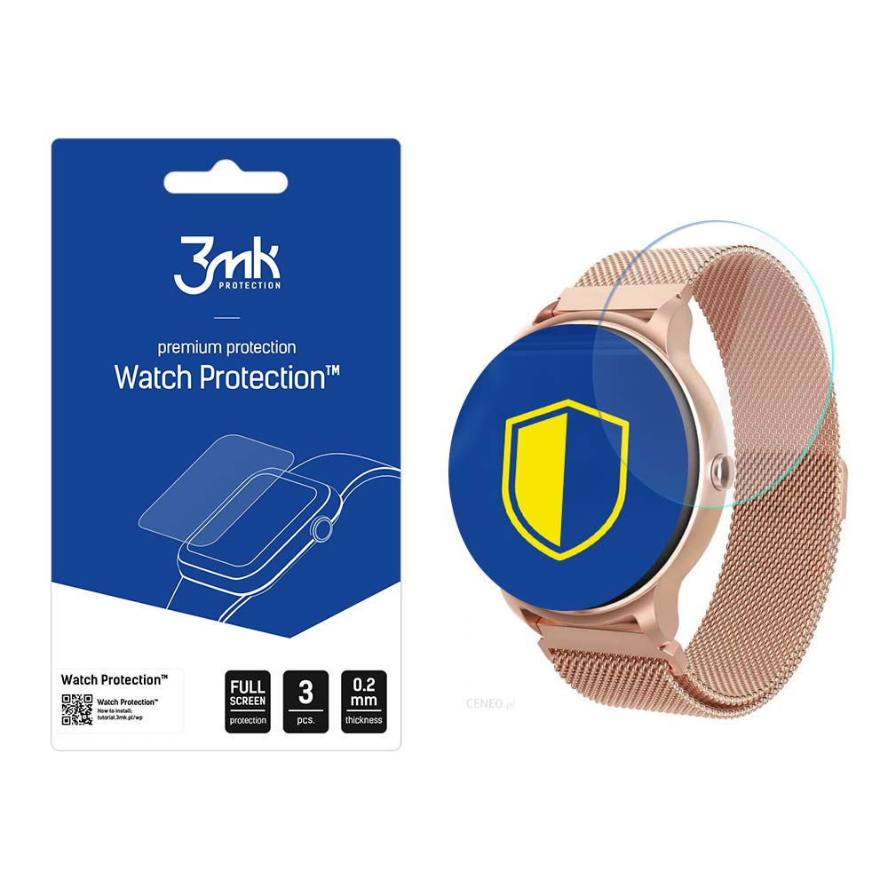 Un orologio con protezione schermo, un logo a scudo blu e una confezione blu e bianca per la protezione dello schermo.