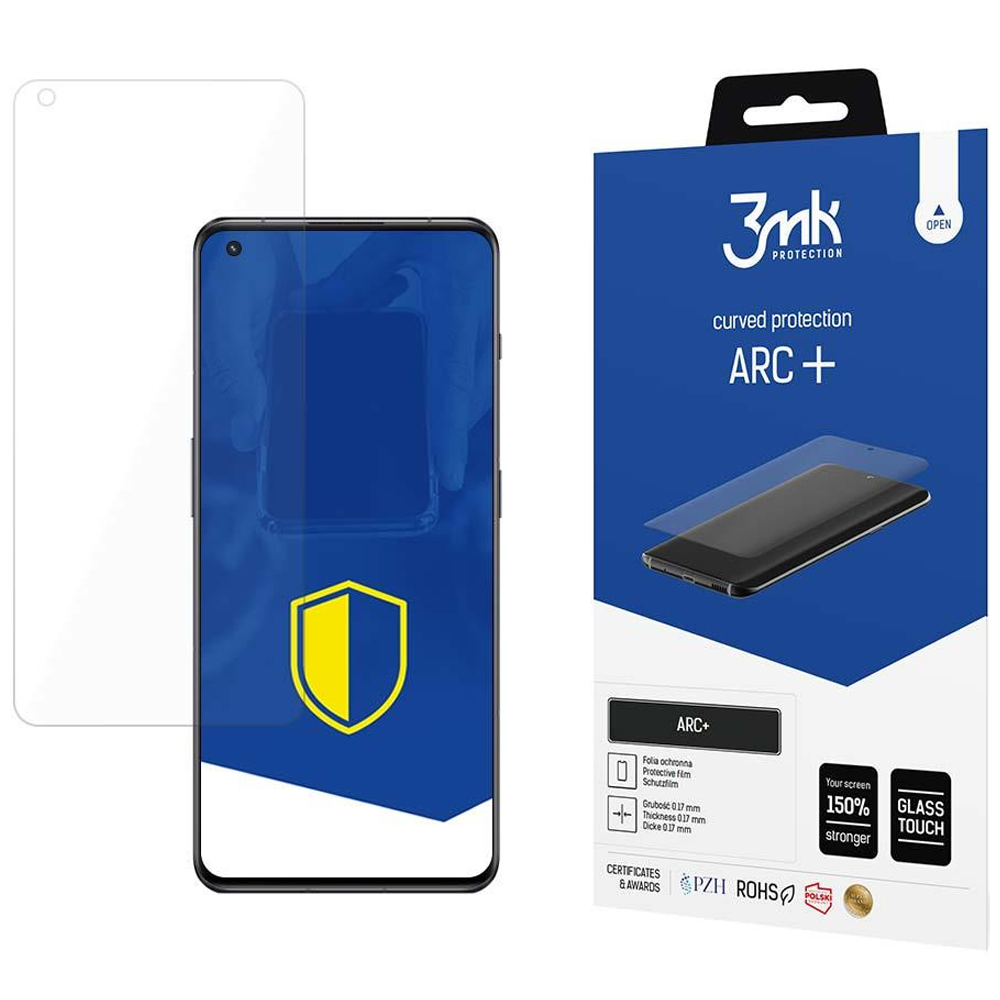 Un proteggi schermo e una scatola. La scatola ha il marchio 3mk e il protettore è ARC+. Lo schermo del telefono è visibile.