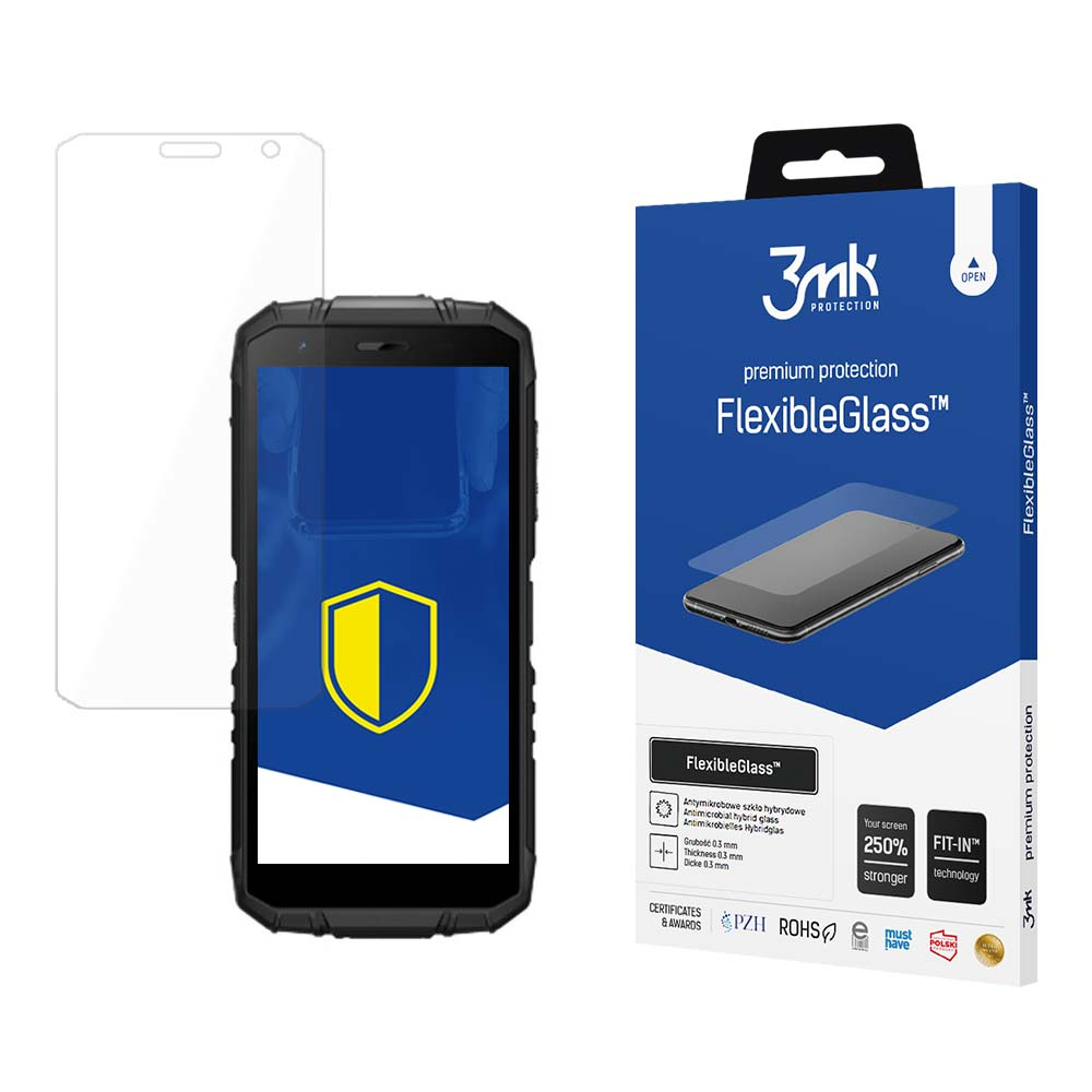 L'immagine mostra una protezione per lo schermo, un telefono e una scatola del prodotto. La protezione è trasparente, il telefono nero e la scatola blu.