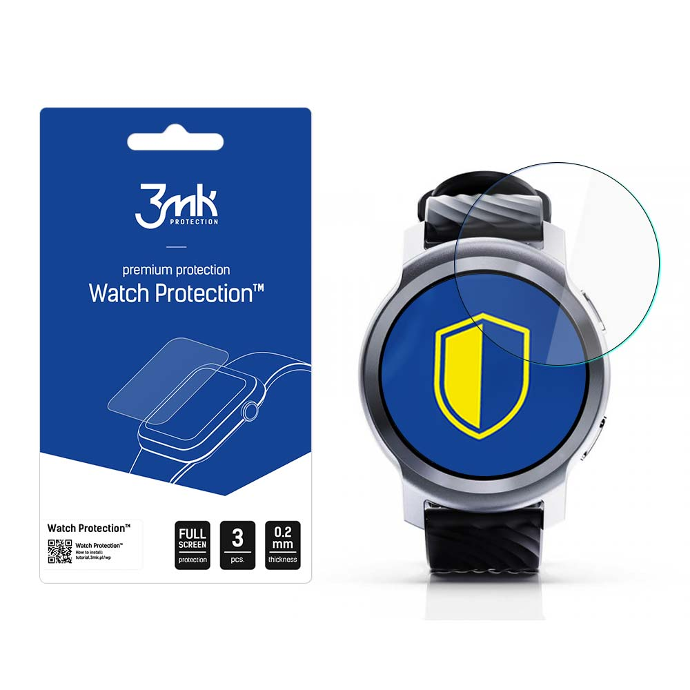 Un orologio e un imballaggio per la protezione dello schermo. La protezione mostra un'icona a scudo. L'imballaggio ha il testo: Watch Protection.