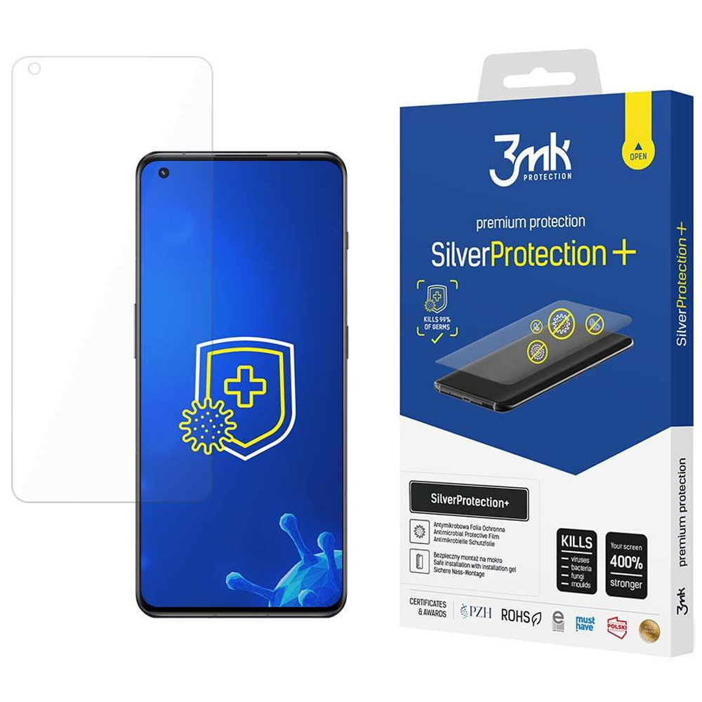 Un proteggi schermo e una scatola. La scatola dice Silver Protection e uccide il 99% dei germi. Un telefono è sulla scatola.
