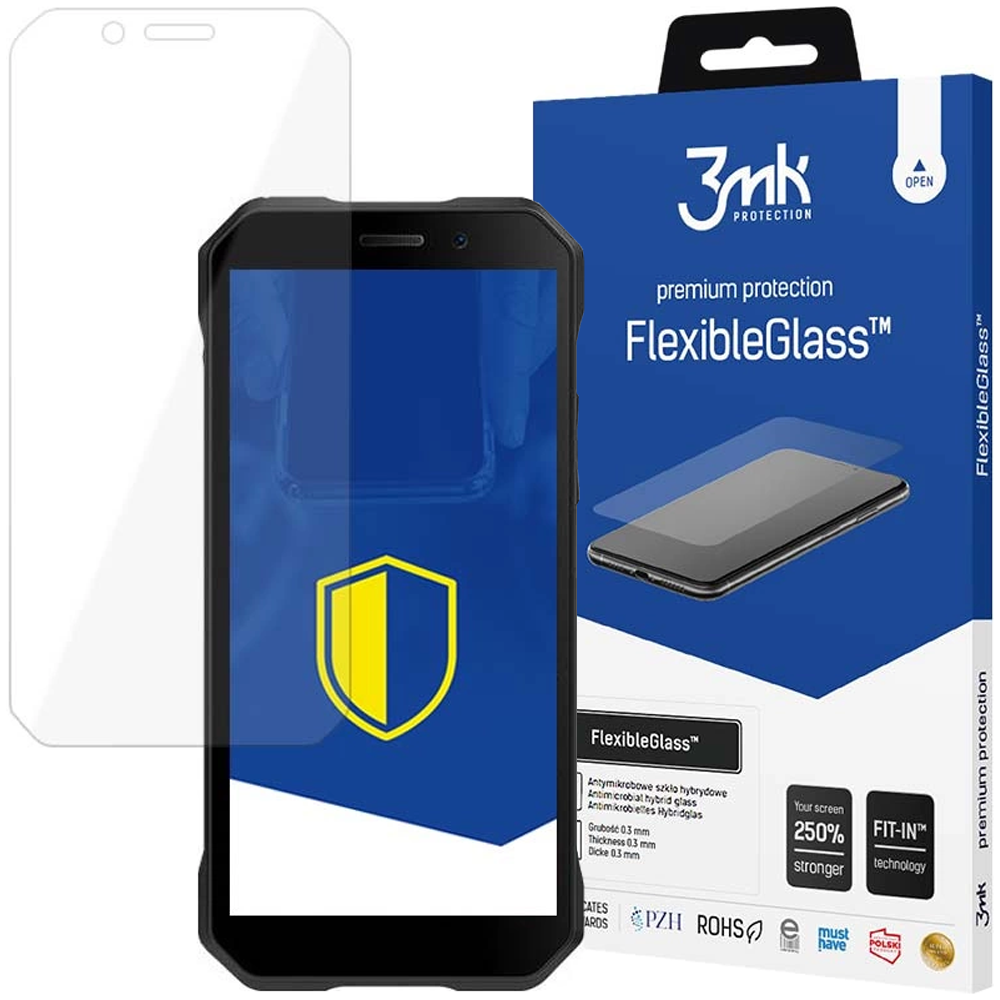 Un telefono con protezione schermo, una scatola con il nome FlexibleGlass e un vetro protettivo.