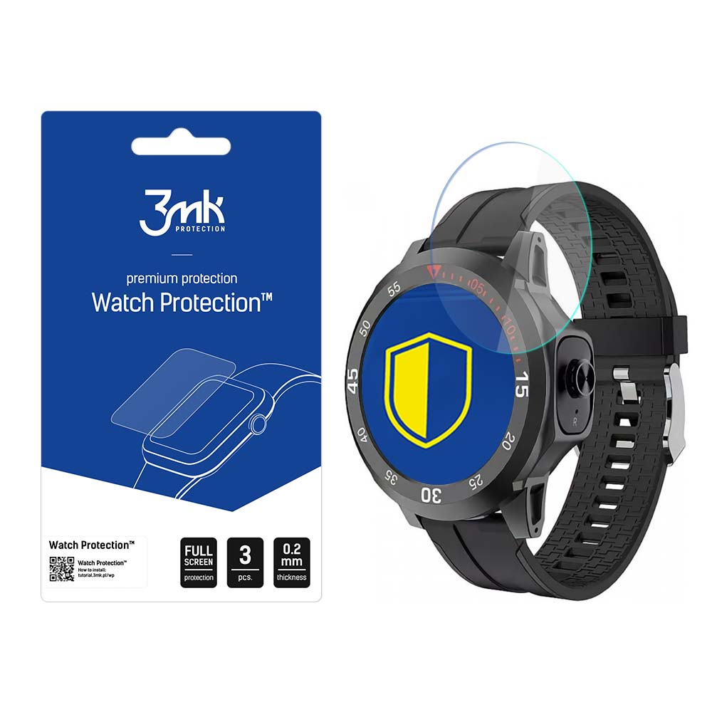 Uno smartwatch con protezione schermo e confezione. La confezione è blu e mostra il marchio e le informazioni sul prodotto.