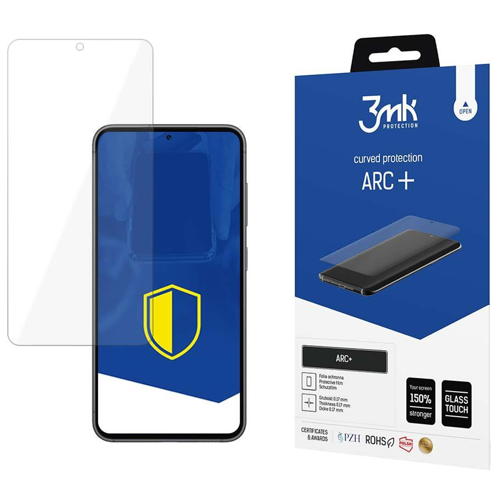 Un proteggi schermo e un telefono sono esposti con la confezione. La confezione riporta 'ARC+' e '3mk protection'.