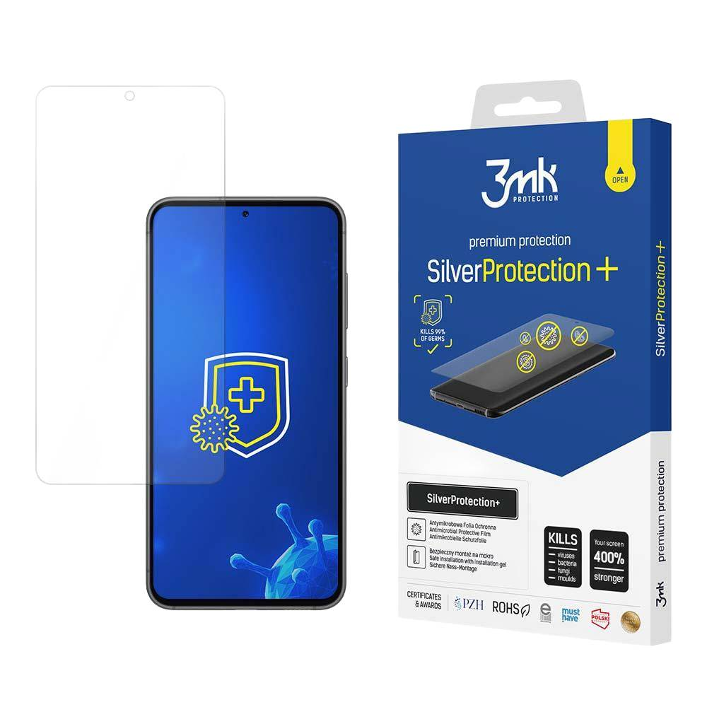 Pudełko z ochroną ekranu telefonu i telefon z nałożonym ochraniaczem, prezentujące cechy produktu.