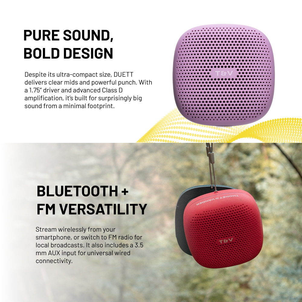Görüntüde iki hoparlör var. Biri mor, diğeri kırmızı. Metin Bluetooth ve FM çok yönlülüğü diyor. Hoparlörlerde T&V logosu var.