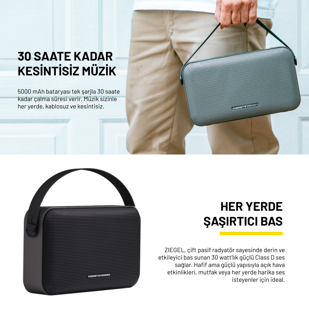 Siyah saplı gri bir hoparlör tutan bir kişi. Görüntüdeki metin, ses kalitesini ve pil ömrünü duyuruyor.