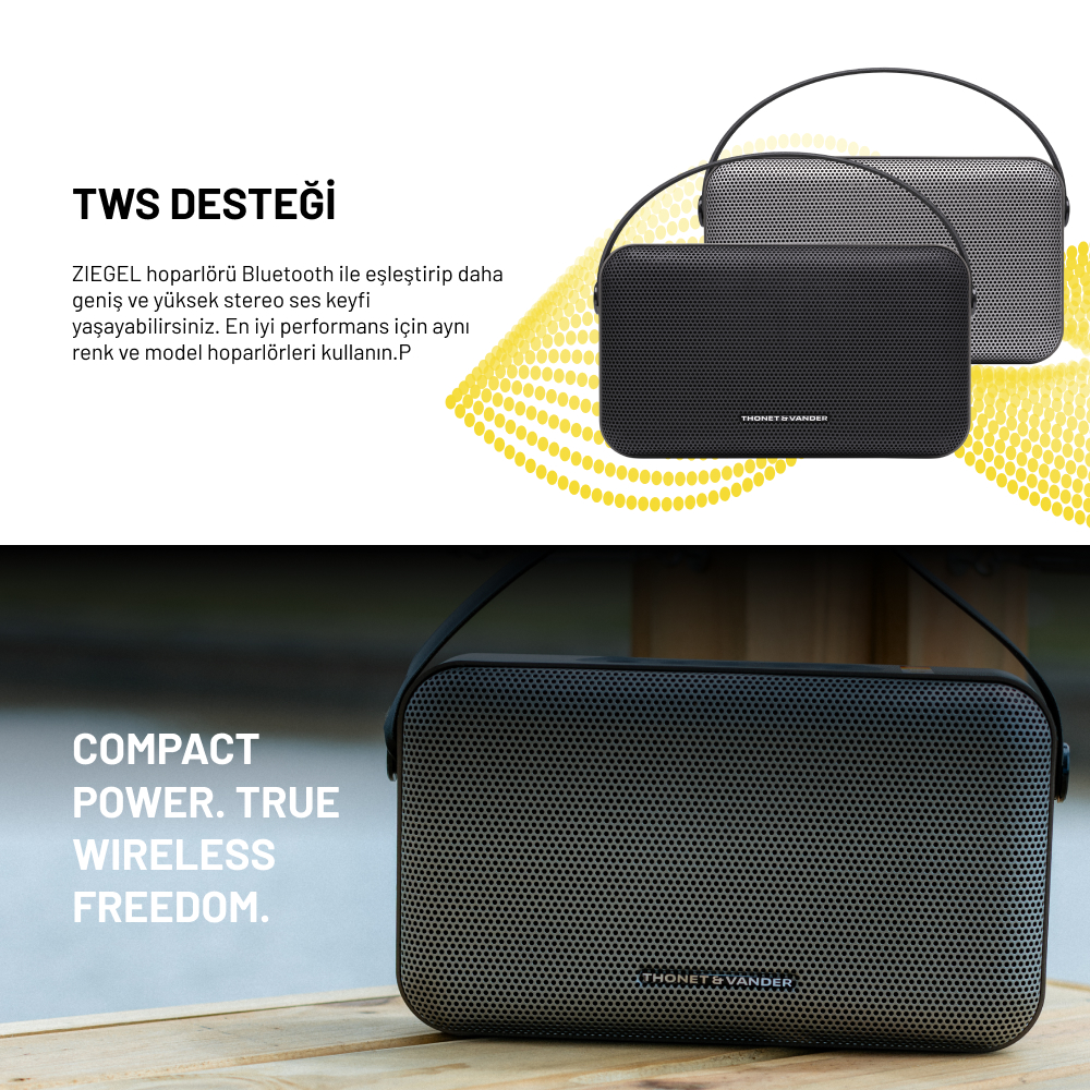 Ahşap bir yüzey üzerinde, biri diğerinin önünde, iki siyah hoparlör ve kulpları. Metin 'Compact Power. True Wireless Freedom.' içerir.