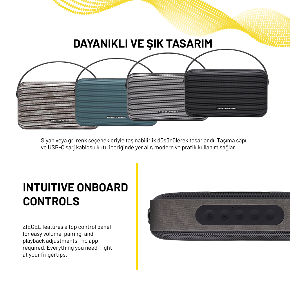 Görüntü, farklı renklerde ve kulplu dört hoparlörü gösteriyor. Düğmelerle bir kontrol paneli görülebilir.