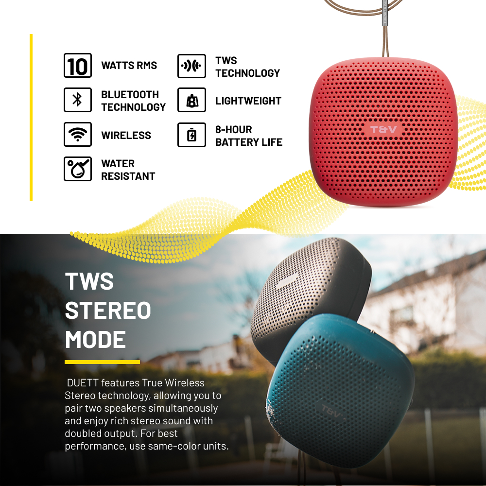 Görselde kırmızı bir hoparlör, iki gri/mavi hoparlör ve Bluetooth, kablosuz ve suya dayanıklılık gibi özellikleri detaylandıran simgeler yer alıyor.