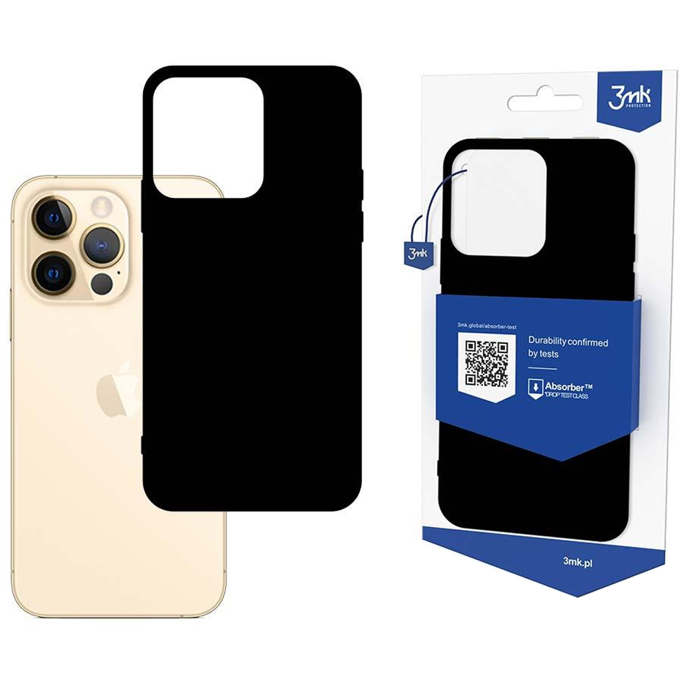 iPhone z czarnym etui, obok opakowania etui. Opakowanie ma niebiesko-biały design z logo 3mk.