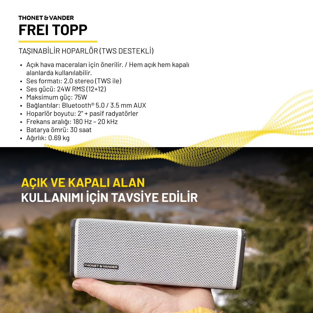 THONET & VANDER Frei Topp 24w Rms Bluetooth Tws 30 Saat Dinleme Süresi Taşınabilir Hoparlör Siyah