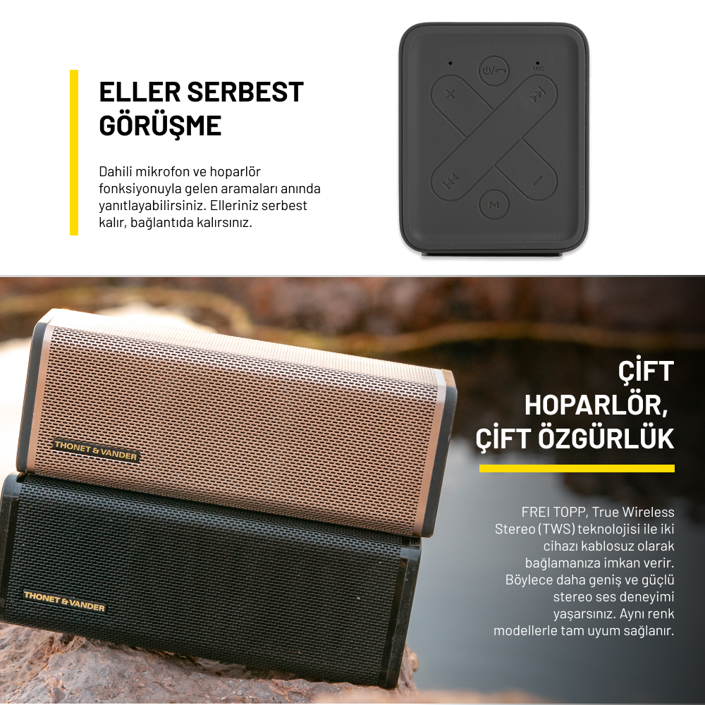 Görüntüde iki hoparlör, biri altın sarısı, diğeri siyah ve siyah bir uzaktan kumanda görülüyor. Metin, eller serbest arama ve stereo sesi tanıtıyor.