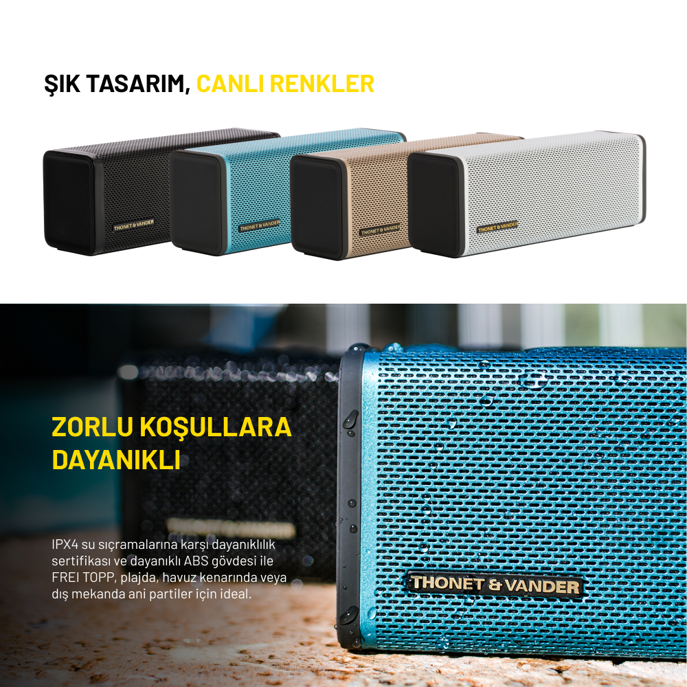 Görsel, farklı renklerde dört hoparlör gösteriyor. Alt kısım, hoparlörün dış mekan kullanımı için uygun dayanıklılığını vurgular.