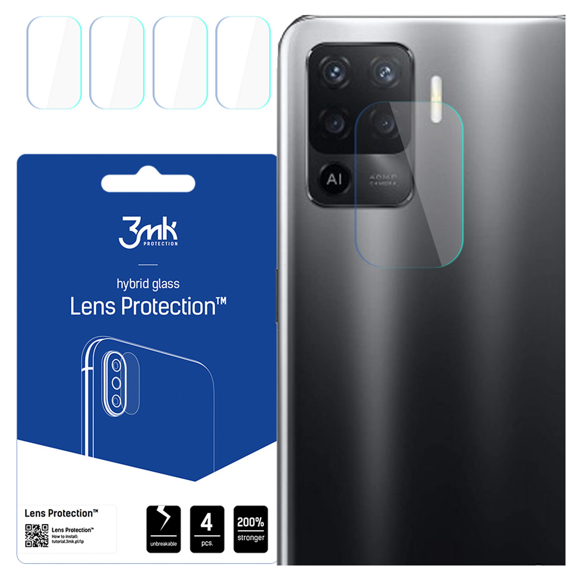 Un telefono e protezioni per lenti. Il telefono ha un rigonfiamento della fotocamera. Una confezione mostra un'immagine del telefono con protezioni per lenti.